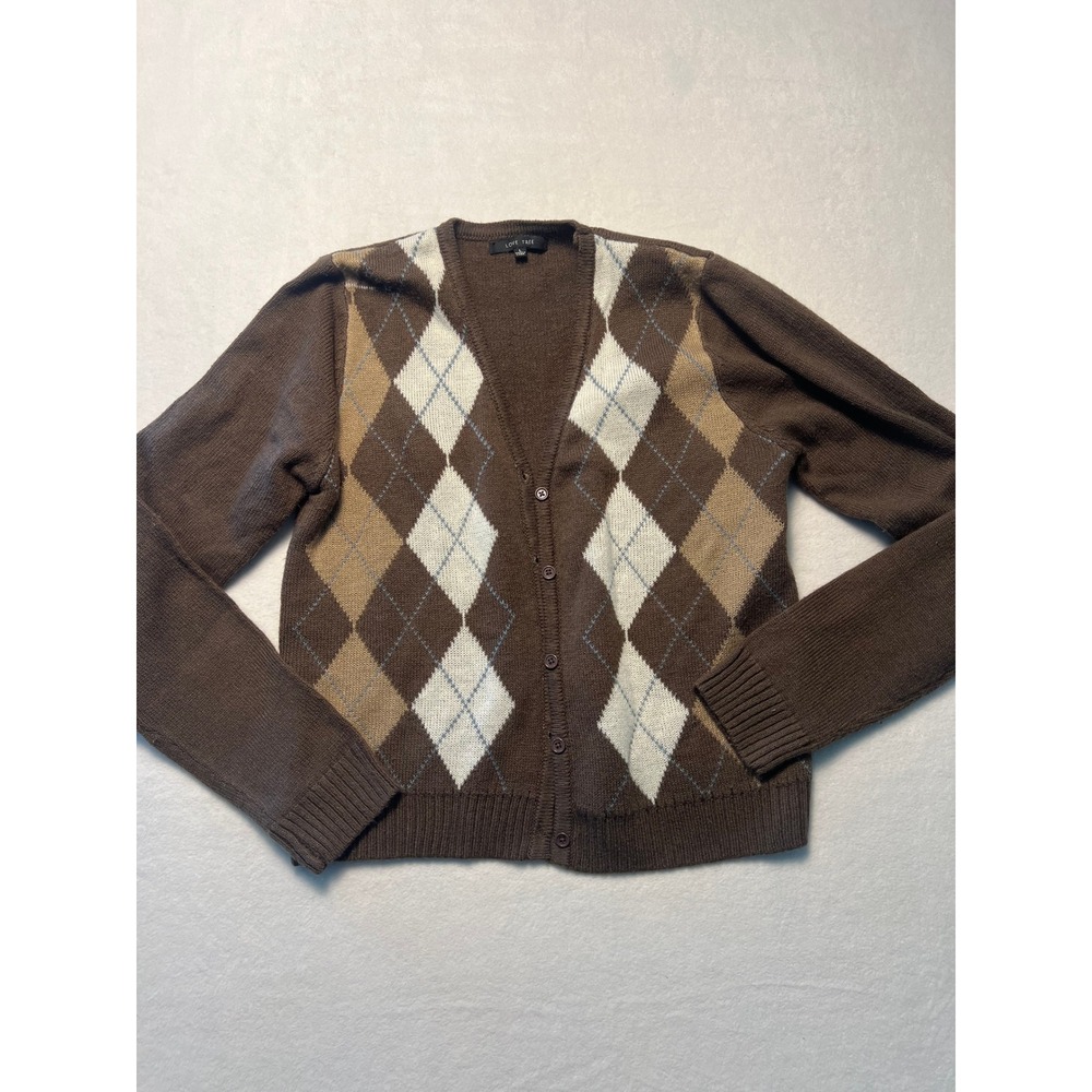 Love Tree L Cardigan Preppy Academic Brown Argyle Knit Button Sweater Collegiate